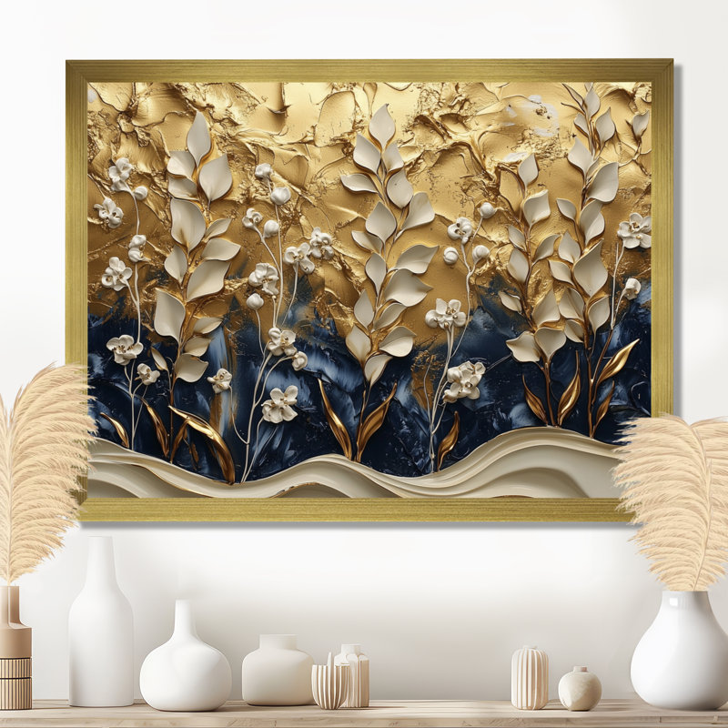 Or blanc, harmonie, herbes, art mural encadré, H 16 po x l 32 po, Cadre simple, Doré