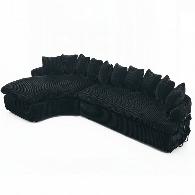 127'' Large Sectional Sofa, Black Corduroy, 21"H x 29"D