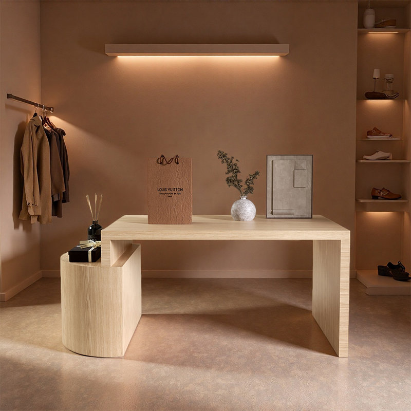 Table de présentation au détail en bois naturel, H 29,53 po x l 94,49 po x P 23,62 po, Burlywood