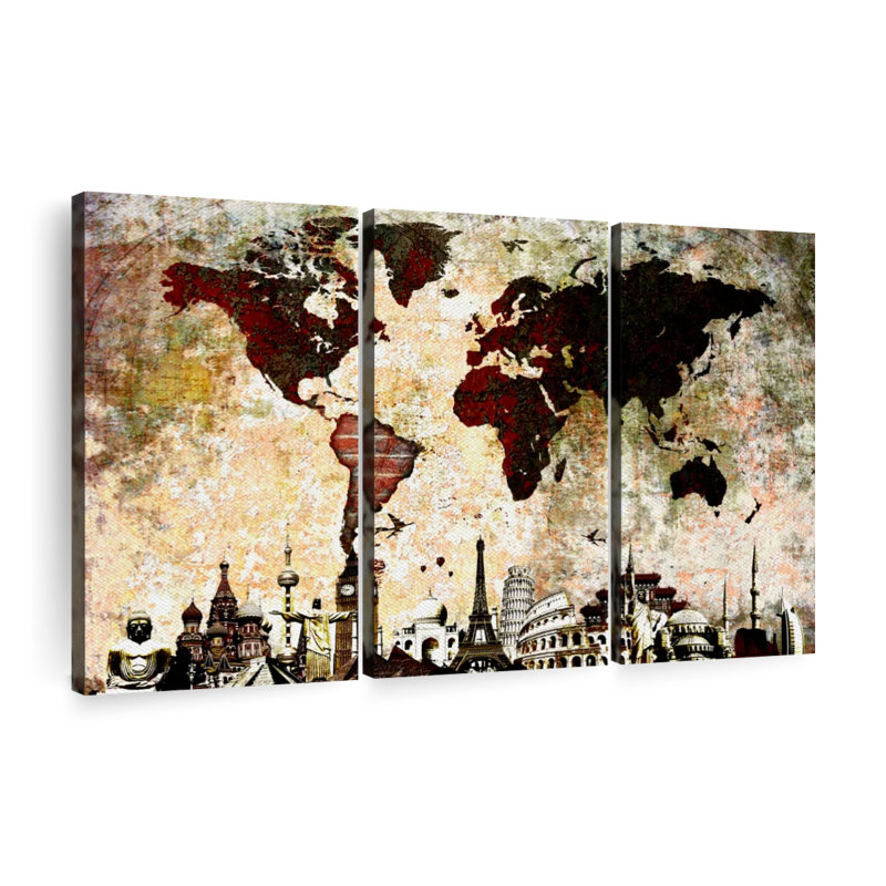 Carte du monde en brique 3 pièces, H 24 po x l 38 po x P 1,25 po