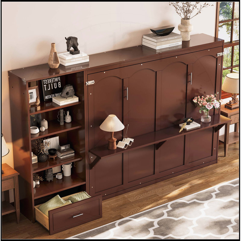Grand lit escamotable avec compartiments de rangement à hauteur réglable et tablette, cadre de lit mural avec 1 tiroir, lit plateforme pliable multifonctionnel pour petit espace, chambre à coucher, chambre d'amis, noyer