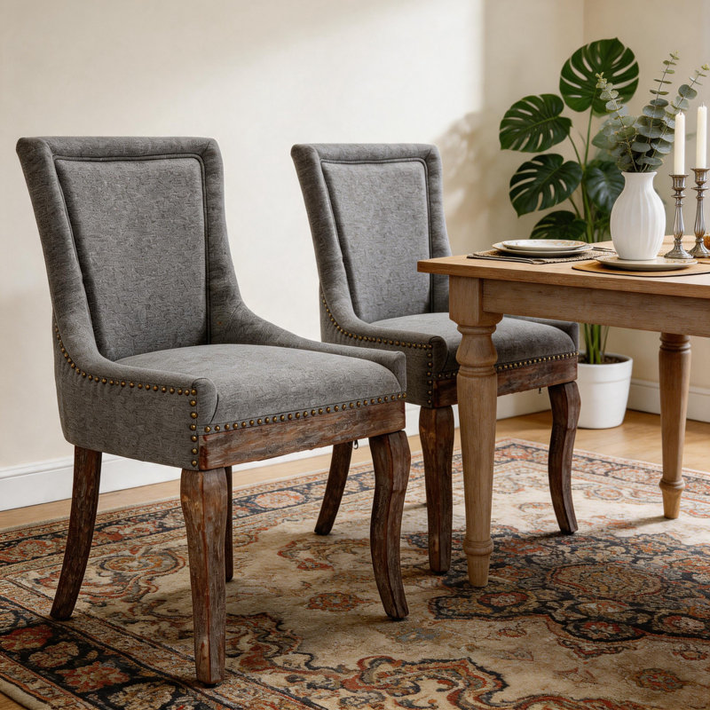 Solid Wood Fabric Upholstered Kitchen Chairs Dining Chairs Set of 2, 2, Gray