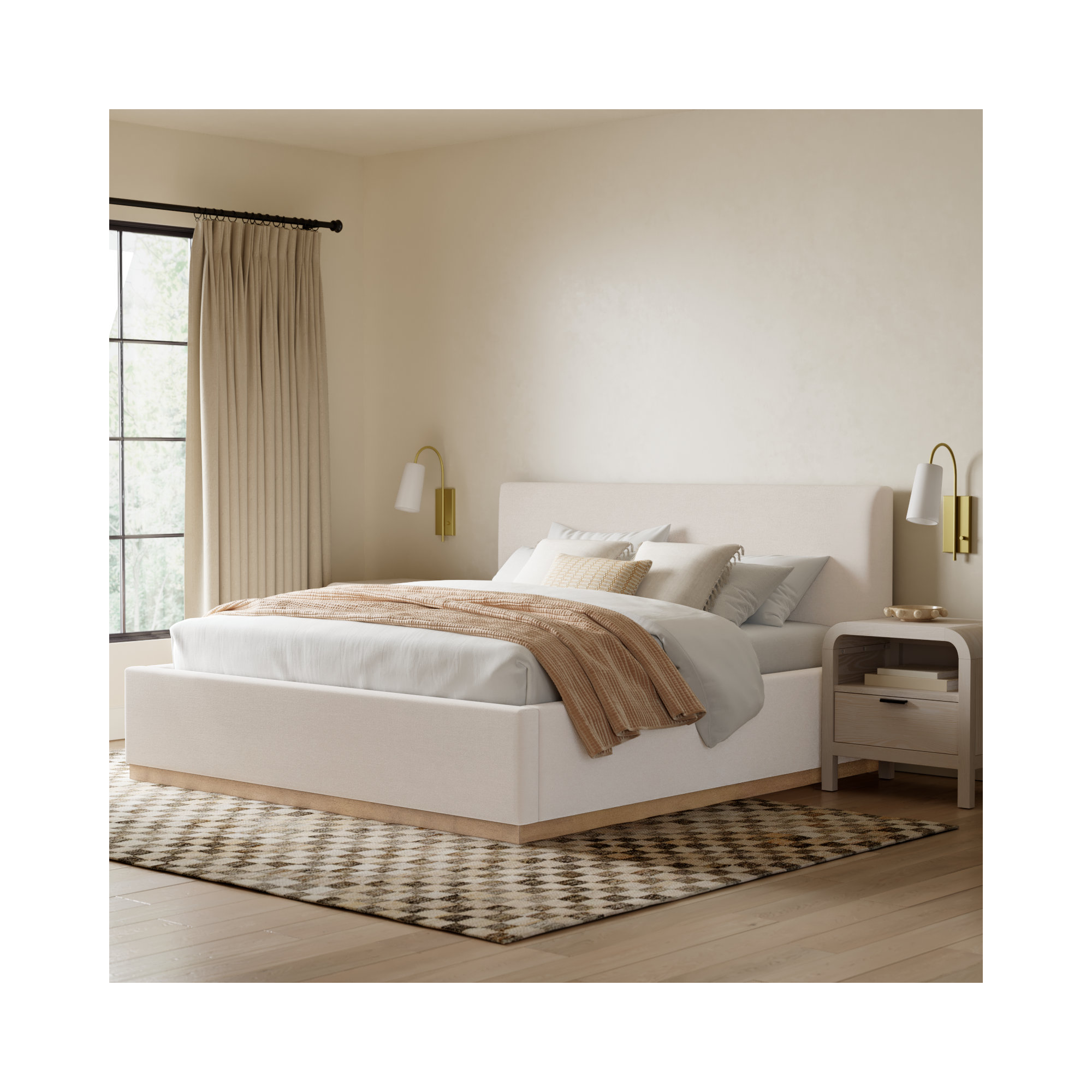 Delpha Grounded Upholstered Wood Base Bed, King, Effie Linen Performance Linen