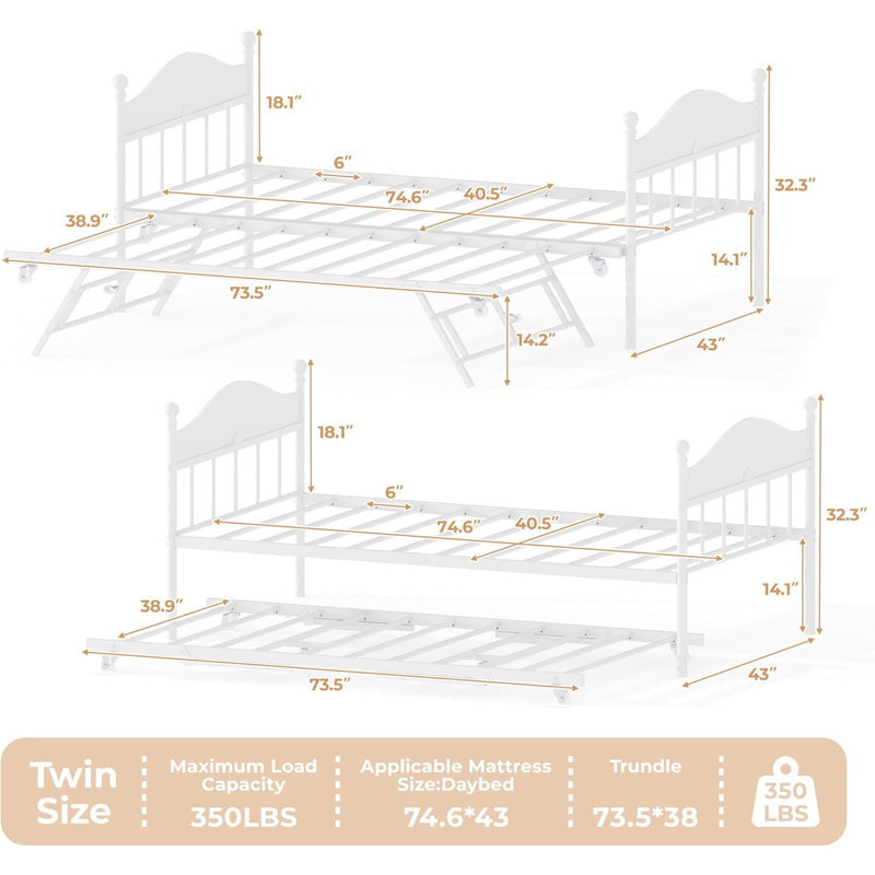 Daybed with Trundle, Sturdy Metal Twin Size Day Bed with Stylish Headboard, Height Adjustable Trundle Bed Twin, Heavy Duty Steel Slats Platform for Living Room, Bedroom and Guest Room