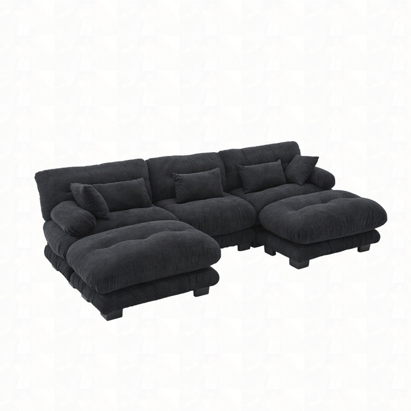 U Shape Cloud Couch With 2 Ottomans, Black