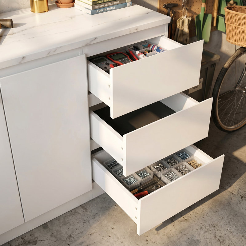 Modern Garage Storage Cabinet With 3 Drawers, Built-In Paper Towel Holder & Durable Stone-Look Worktop