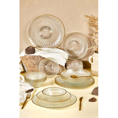 Elegant 18-Piece Dinner Set, 100% Glass | Includes 6 Service Plates (11.0 in), 6 Plates (8.3 in), 6 Bowls (5.9 in) | Stylish Transparent Design, Perfect for Formal Dining | Not Dishwasher or Microwave Safe