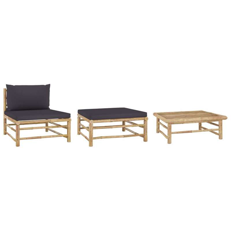 Ensemble de salon modulaire d'extérieur 3 pièces, table et repose-pieds, bambou, gris foncé