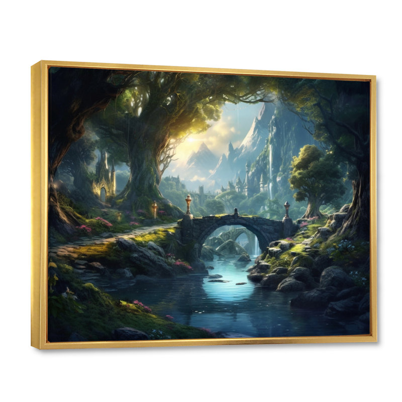 Waterfall Landscape Canvas Wall Art, Lake and River Nature Print - Green Blue Calming Waterfall, Gold Floater Frame