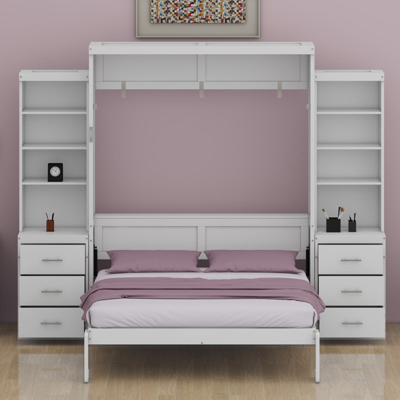 Lit escamotable peu encombrant conçu avec des tablettes de rangement intégrées et des tiroirs pratiques, Blanc