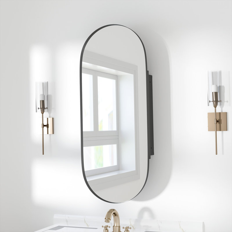 Oval Framed Recessed Wall-mounted Medicine Cabinet with Mirror with Shelves, 32"H x 16"W x 5"D