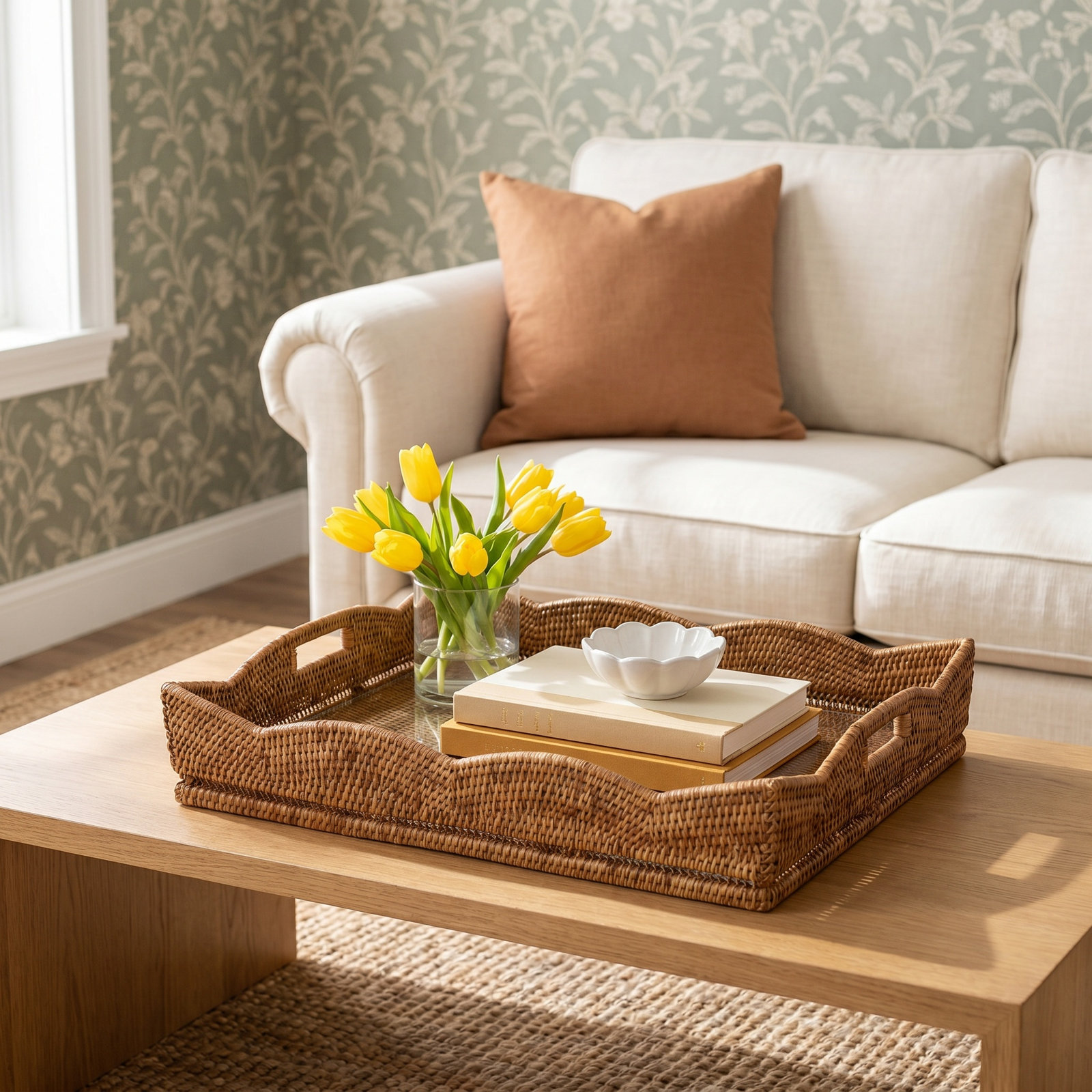 Landry Handmade Rattan Decorative Tray, Honey Brown, 4.5" H x 20" W x 24" D, Without Glass