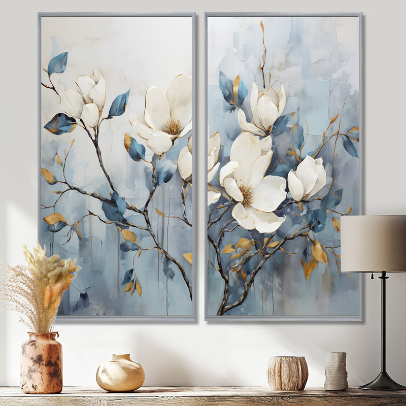 Élégante tranquillité de magnolia blanc et bleu - Décoration murale blanche, H 20 po x l 24 po, Silver