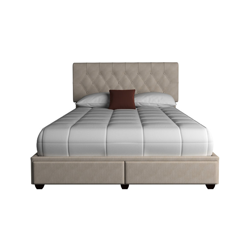Grand lit tapissier beige avec rangement spacieux et 2 tiroirs décoratifs