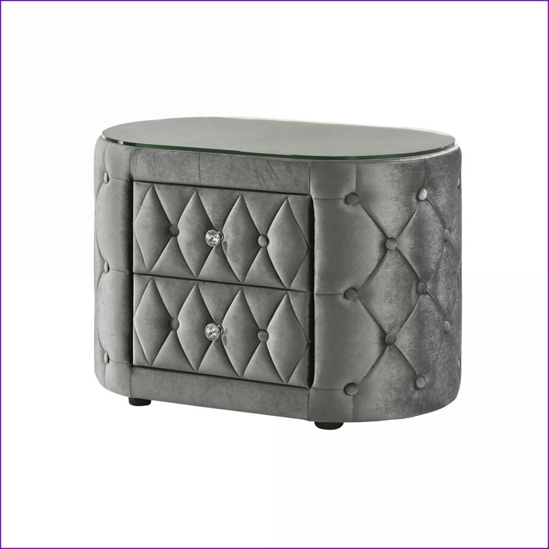 Modern Gray Tufted Nightstand with 8mm Tempered Glass Top & Two Drawers, Gray