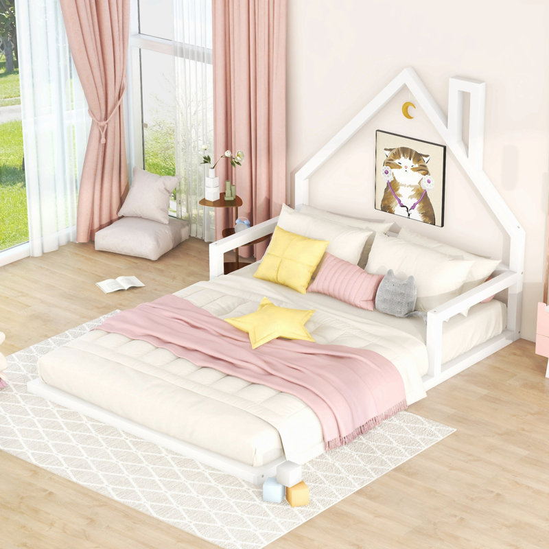 Wood Floor Bed With House-Shaped Headboard, Full / Double, White