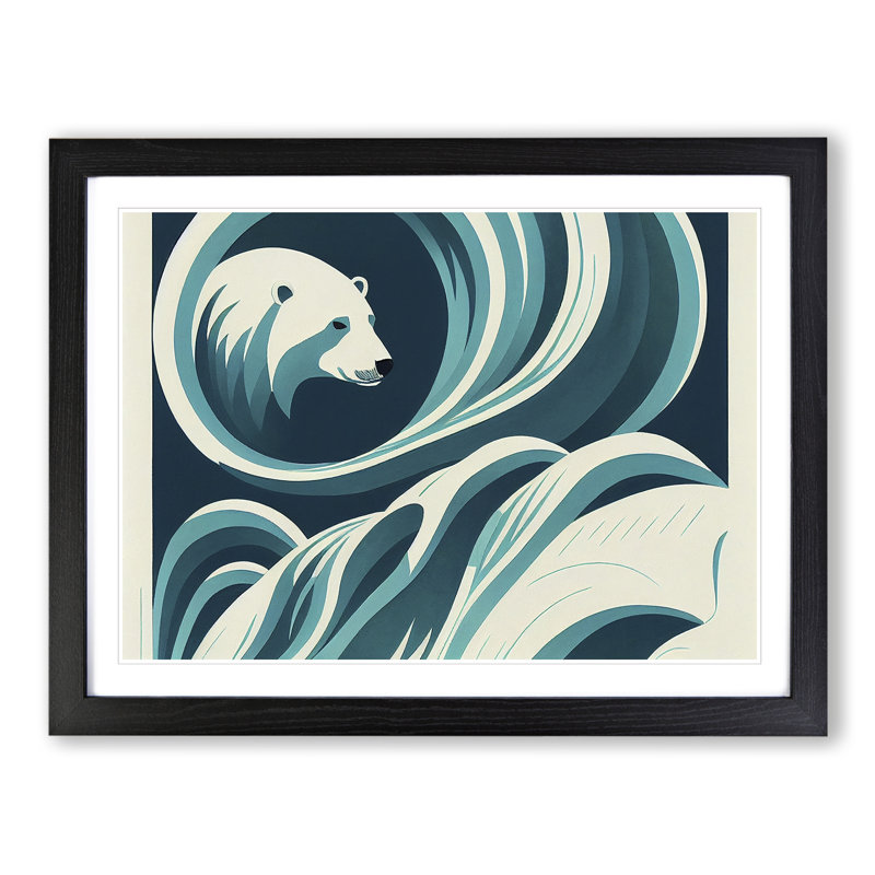 Polar Bear Deco Abstract - Single Picture Frame Print, Black, 25cm H x 34cm W x 2cm D