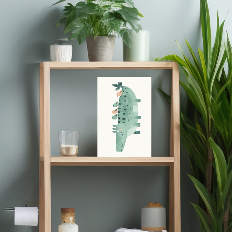 Friendly Crocodile Stack Playful Whimsical Contemporary Alligator Bird Crocodile Wall Art Print 1 Piece Wrapped Canvas Wall Art