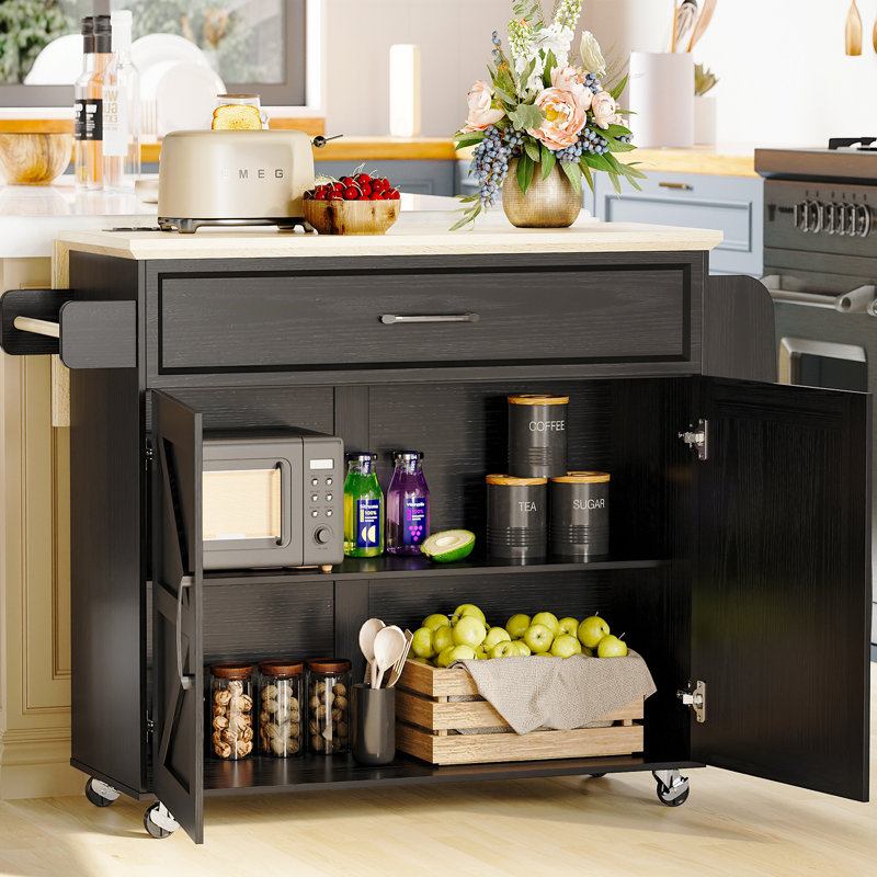 35.4" W Rolling Kitchen Island Table With Drop Leaf, On Wheels, Storage Cabinet, Drawer, Spice Towel Rack, White, Black