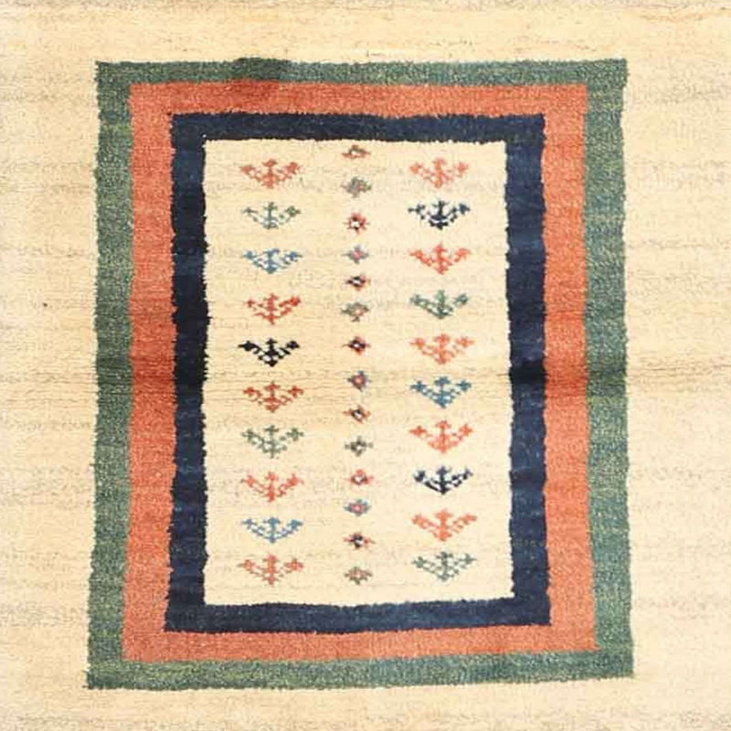 Tapis contemporain beige / vert / bleu, Carré 5 pi
