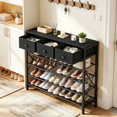 5-Tier Shoe Rack with 3 Drawers, Metal Shoe Organizer for 20 Pairs, Storage Shelves with Wooden Top, Entryway Hallway Foyer Closet, Black
