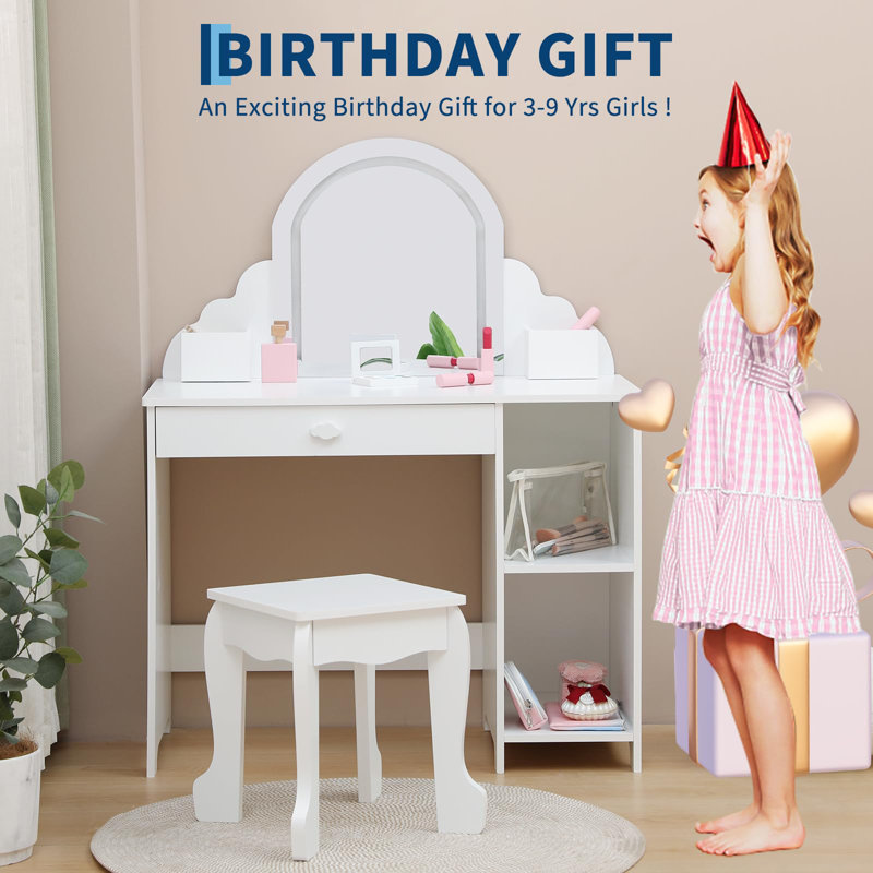 Kids Vanity Table and Chair Set, Girls Dressing Table with Storage Shelves & Drawer, Children Study Desk with Storage Grids
