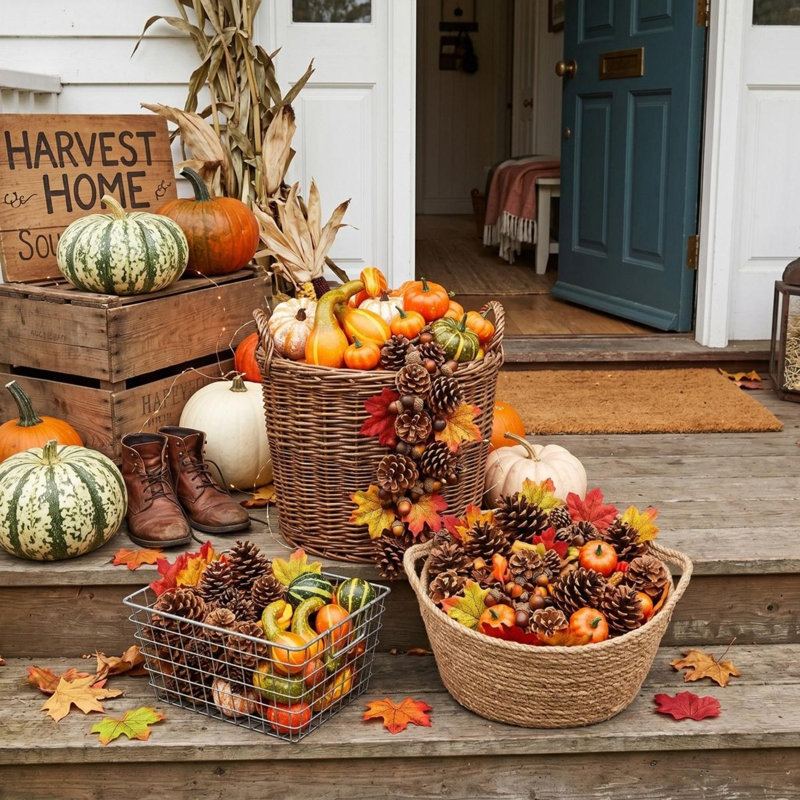 Ensemble de 166 fausses récoltes d'automne avec citrouilles assorties, courges, glands, pommes de pin et feuilles d'érable pour l'Action de grâce