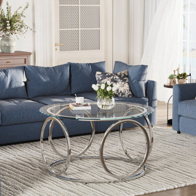 Table basse 31,5 "moderne avec plateau rond en verre avec structure circulaire en métal, table d'appoint contemporaine pour le salon, le bureau et le salon (verre ultra transparent + cadre chromé)