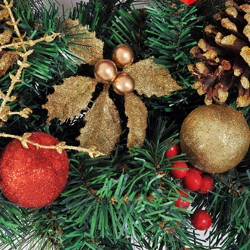 Faux 60cm Pre-Lit Artificial Christmas Door Wreath Holly Pine Cones