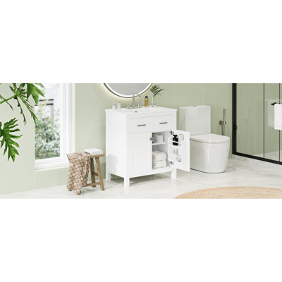 Armoire de salle de bain 30 po avec lavabo en céramique, 2 portes et tablette blanches modernes, porte à fermeture douce, portes de meuble-lavabo contemporaines de 30 po avec structure solide et structure ferme