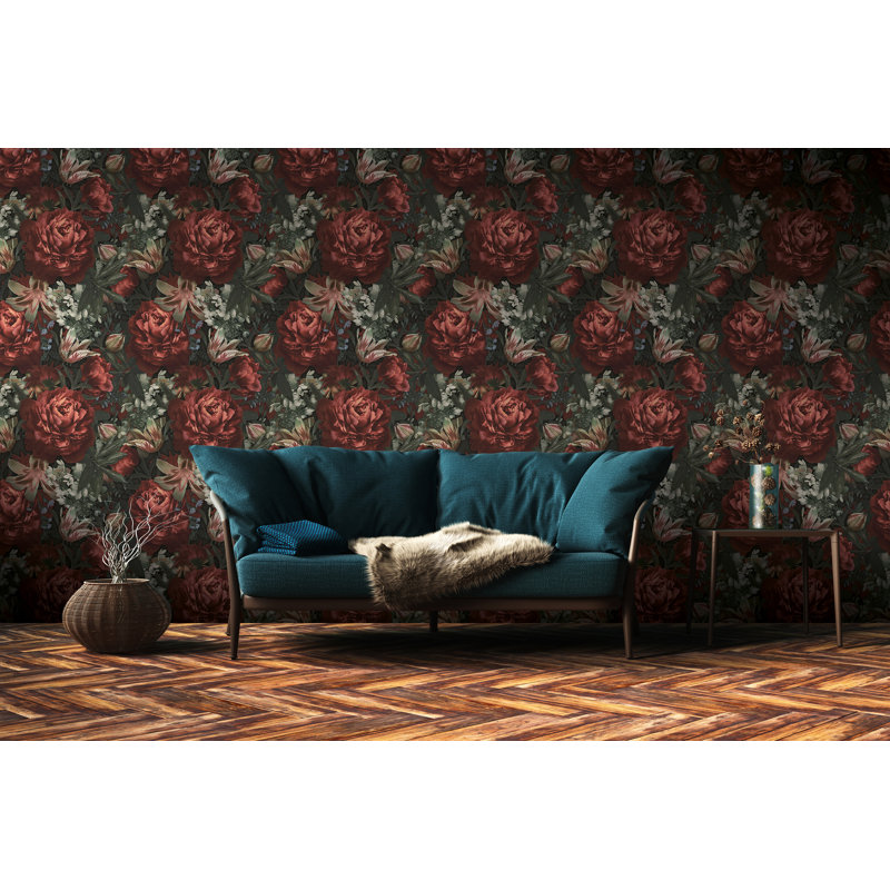 Blooming Wild Blooming Wild Antique Floral Motif 10m x 53cm Wallpaper Roll, Green/Red