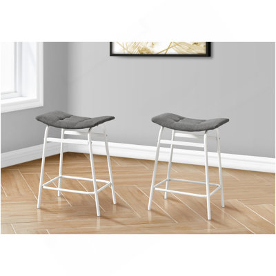 Barstool, Counter Height, Set Of 2, Kitchen, Grey Fabric, White Metal, Contemporary, Modern