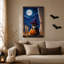Chat noir avec un chapeau de sorcière mauve tenant une toile d'Halloween orange-1165125580