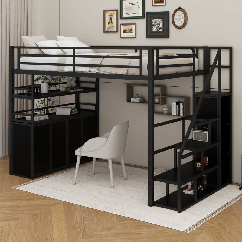 Lit mezzanine double en métal avec escalier de rangement et garde-robe, Noir