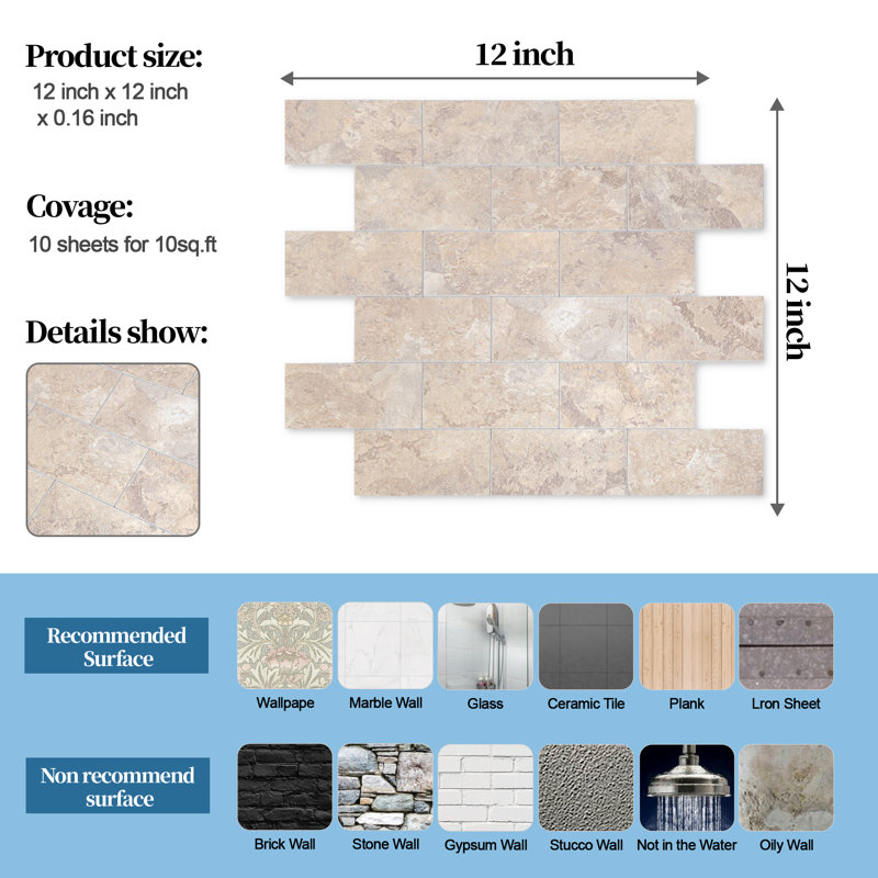 12'' W x 12'' L PVC Peel and Stick Backsplash Tile, Beige Stone Rocks