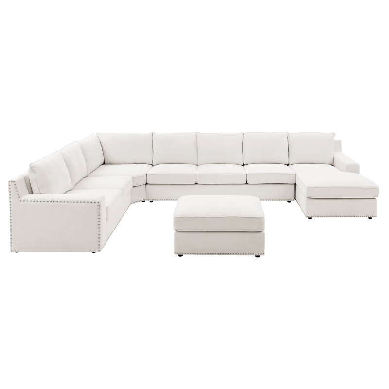 Canapé modulaire de coin avec repose-pieds Makah, Microfibre / microsuède blanc