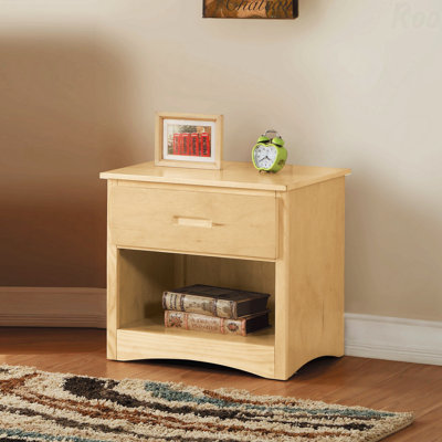 Table de chevet 1 pièce au fini pin naturel, mobilier de chambre contemporain avec tiroir et tablette ouverte