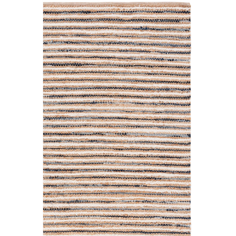 Abishanth Woven Jute/Canvas/Cotton Performance Striped Rug in Natural/Navy, Square 6'