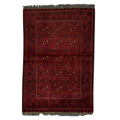Tapis unique en laine noué à la main de 3 pi 2 po x 4 pi 7 po rouge / bleu marine / ivoire