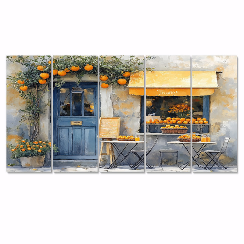 Café français dans des tons jaunes et bleus - ensemble d'art mural café français, H 32 po x l 80 po