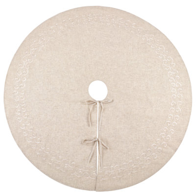 Embroidered Scroll Border Tree Skirt – Linen Blend Holiday Tree Base Cover with Decorative Trim for Christmas Décor