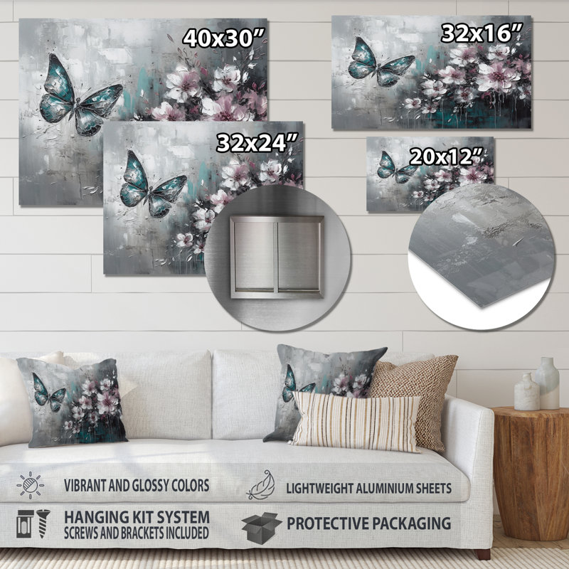 Fleurs avec papillons, peinture III sur métal, H 12 po x l 20 po