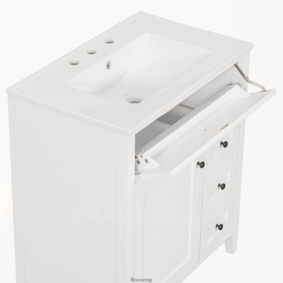Meuble-lavabo autoportant 36 po avec comptoir d'évier, panneau de fibres à densité moyenne et bois d'hévéa avec 3 tiroirs et tablette réglable, conception à charnière gauche, gris