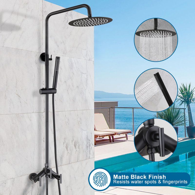 Système de douche d'extérieur et de qualité supérieure noir mat Premium | Combinaison de pluie en acier inoxydable et portable