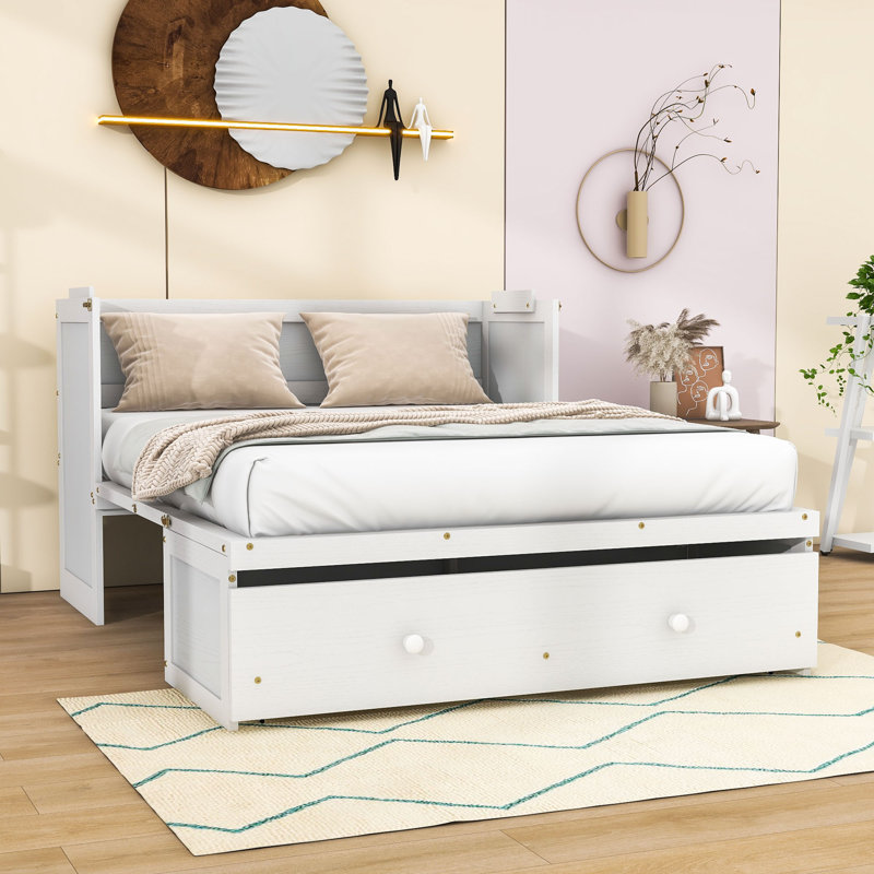 Lit escamotable polyvalent avec port USB intégré et tiroir de rangement spacieux, Double, Blanc