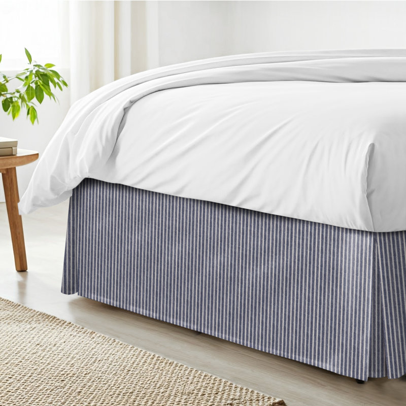 Walker Stripe Indigo/Ivory Cotton Bedskirt, California King, 15"