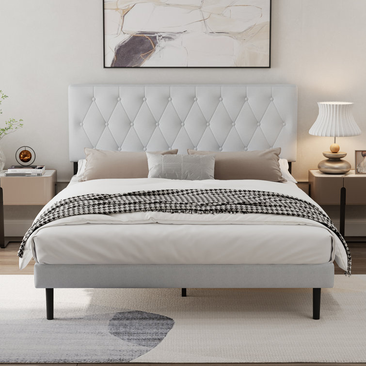 Upholstered Platform Bed, Modern Bed Frame with Button Design Headboard, No Box Spring Required