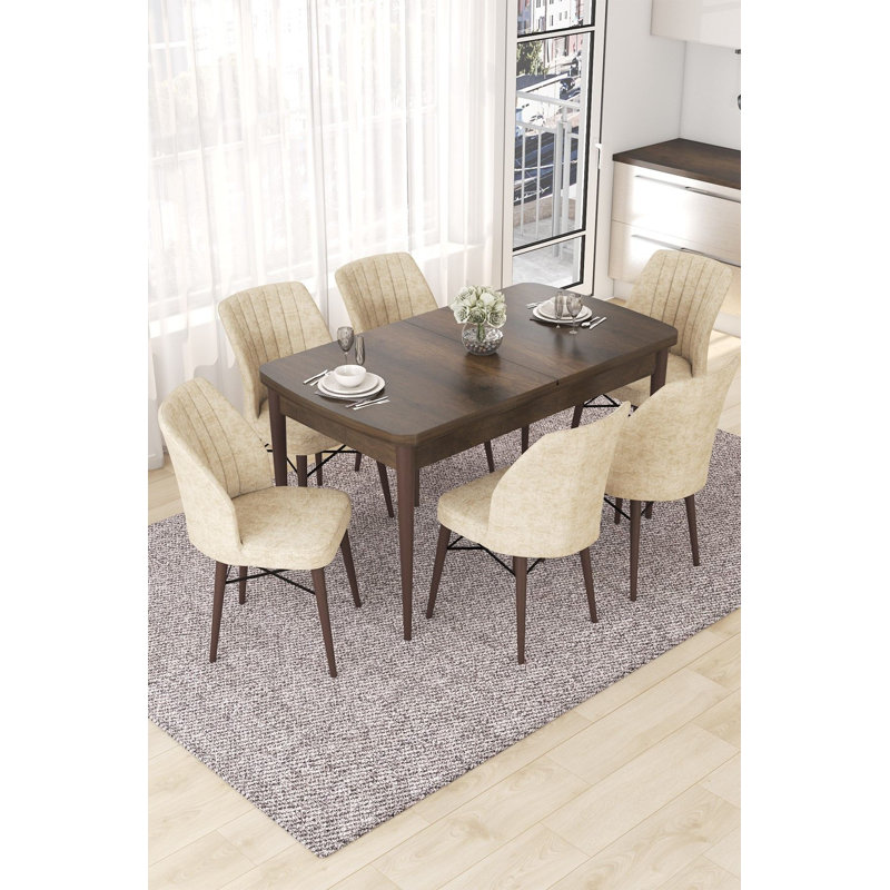 Ensemble de table et chaises de salle à manger extensible Traditional (7 pièces), baroque et crème | 100% panneau de fibres à densité moyenne avec pieds en bois et structure de chaise en métal | Table: 44,9 po x 30,7 po x 27,6 po (ouverte: 56,7 po) | 6 chaises avec siège d'une hauteur de 18,1 po et rembourrage en mousse confortable