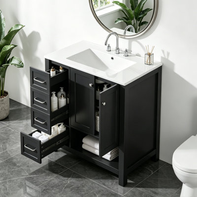 Meuble-lavabo simple 30 po noir avec plateau en céramique