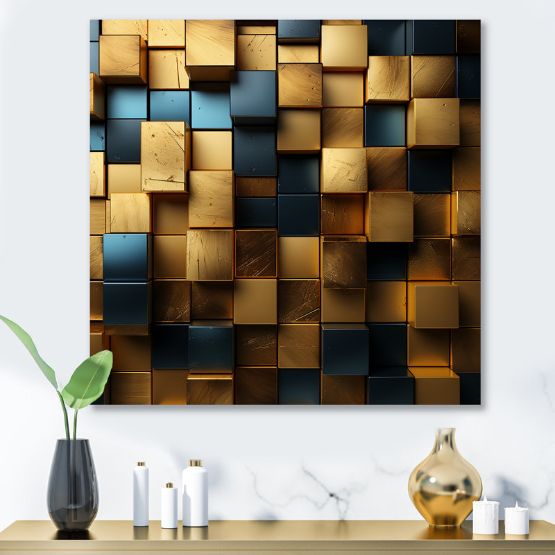 Grunge Gold Cubes Abstract Geometric II - Geometric Metal Wall Art, 16" H x 16" W